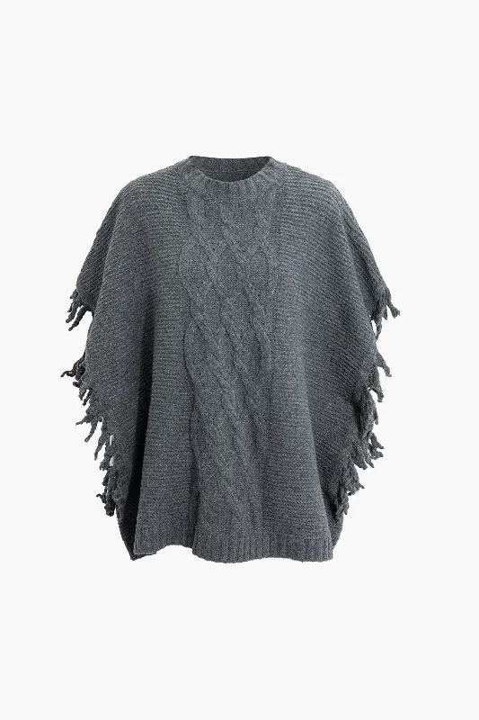 Fringe Trim Cable Knit Cloak Top