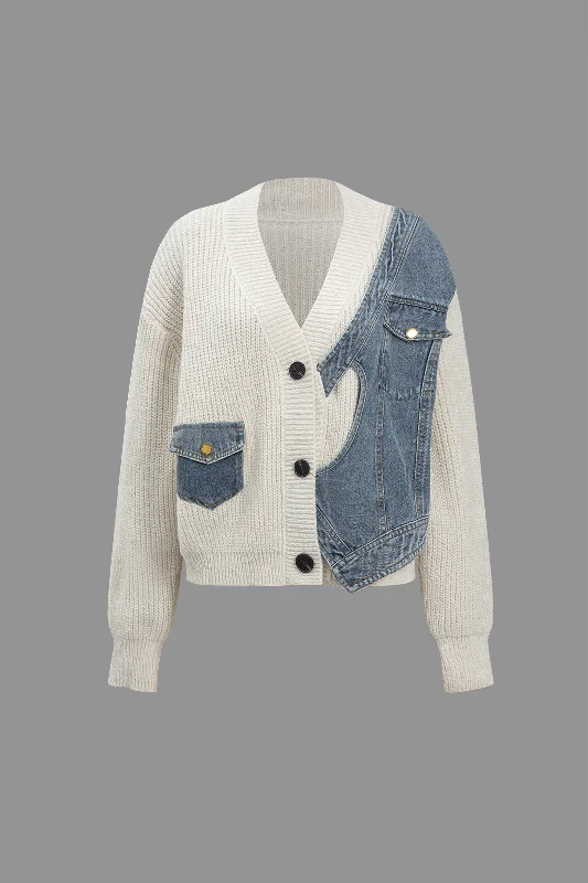 Patchwork Denim Knit Color Block Button Asymmetrical Pocket Cardigan