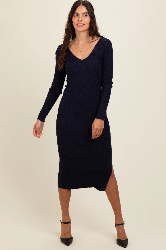 Navy Ribbed Knit Side Slit Midi Dress