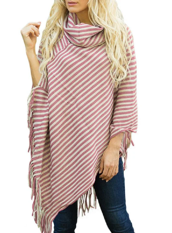 TastyHottie - OBLIQUE STRIPED HIGH NECKED FRINGED CAPE SHAWL SWEATER