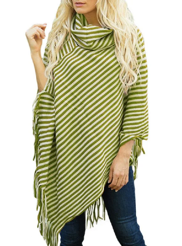 TastyHottie - OBLIQUE STRIPED HIGH NECKED FRINGED CAPE SHAWL SWEATER