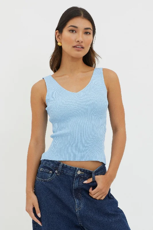 Off-Duty V-Neck Ribbed Knit Top Baby Blue