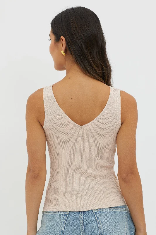 Off-Duty V-Neck Ribbed Knit Top Beige