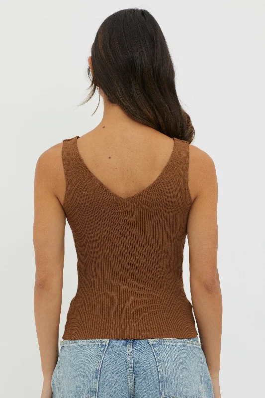 Off-Duty V-Neck Ribbed Knit Top Chocolate