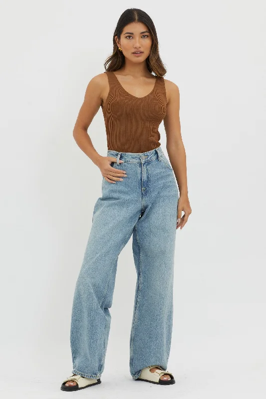 Off-Duty V-Neck Ribbed Knit Top Chocolate