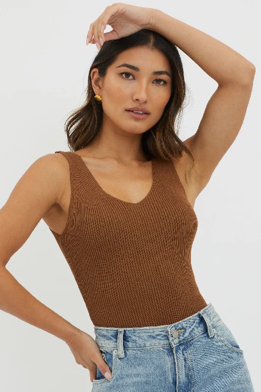 Off-Duty V-Neck Ribbed Knit Top Chocolate