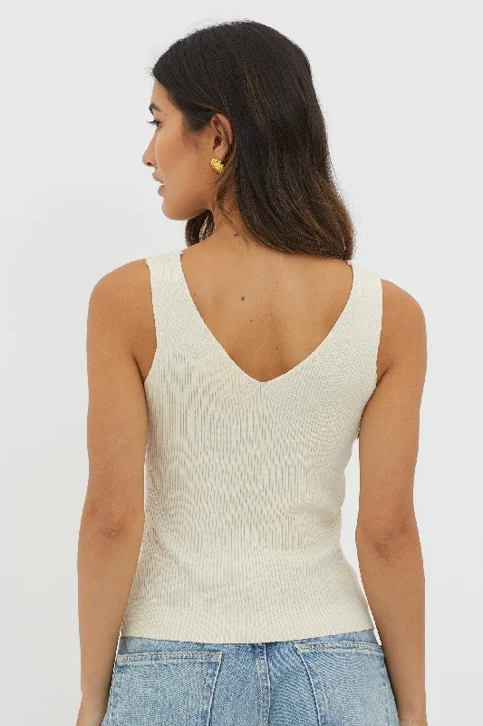 Off-Duty V-Neck Ribbed Knit Top Cream