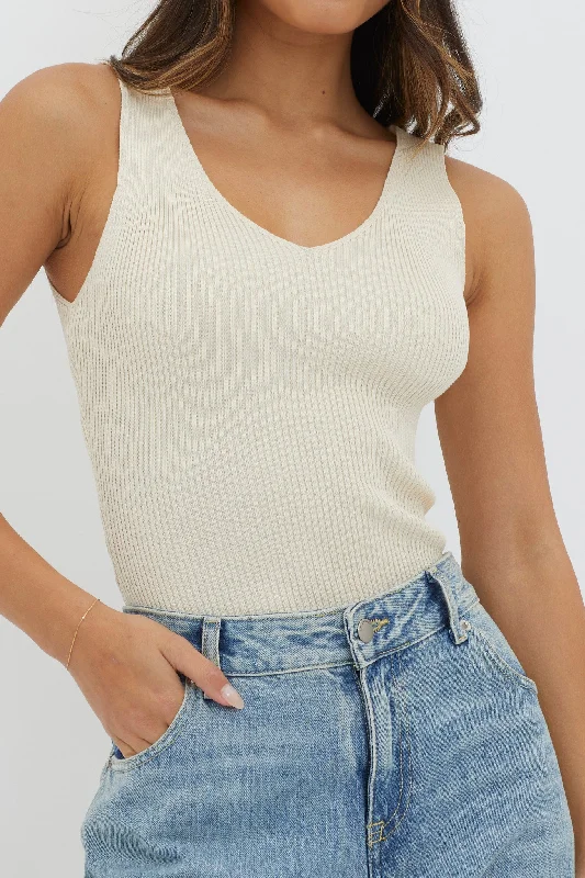 Off-Duty V-Neck Ribbed Knit Top Cream