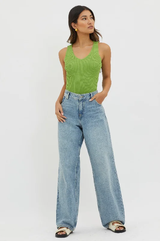 Off-Duty V-Neck Ribbed Knit Top Green