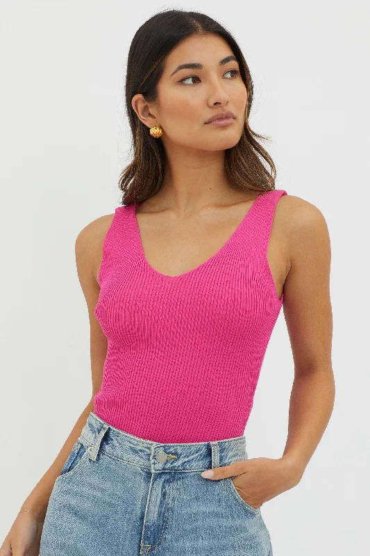 Off-Duty V-Neck Ribbed Knit Top Hot Pink