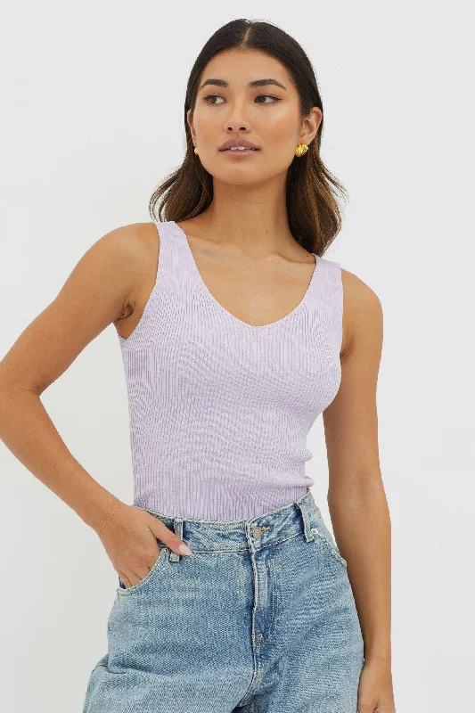 Off-Duty V-Neck Ribbed Knit Top Lilac