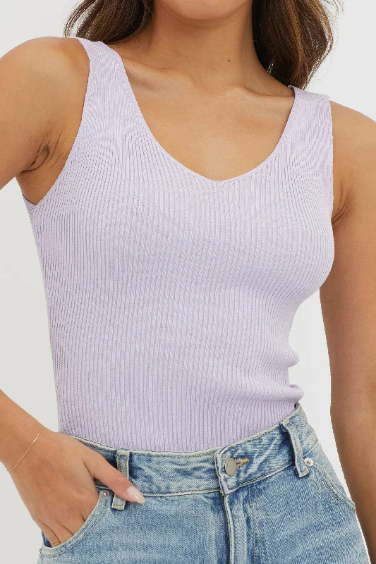 Off-Duty V-Neck Ribbed Knit Top Lilac