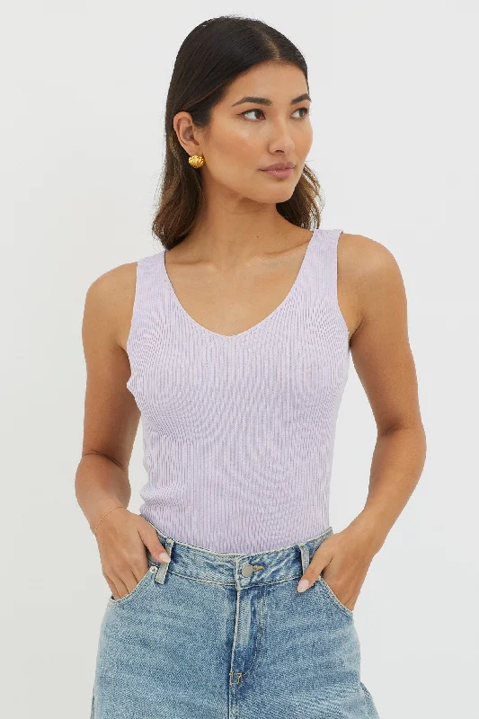 Off-Duty V-Neck Ribbed Knit Top Lilac