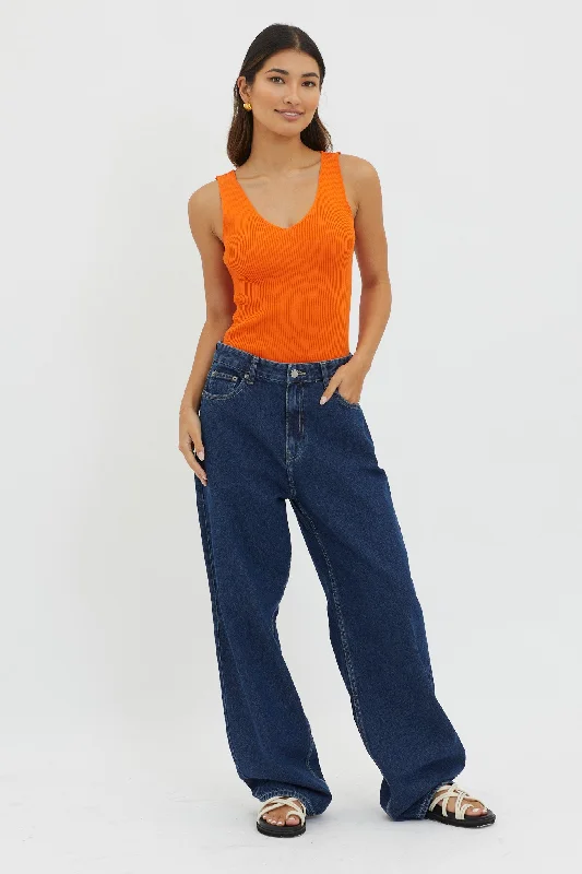 Off-Duty V-Neck Ribbed Knit Top Orange