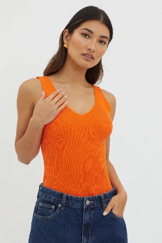 Off-Duty V-Neck Ribbed Knit Top Orange