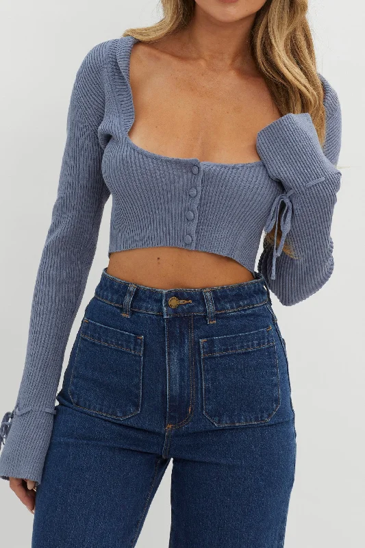 Pippi Flared Cuff Knit Crop Top Dusty Blue