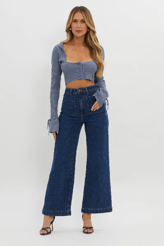 Pippi Flared Cuff Knit Crop Top Dusty Blue