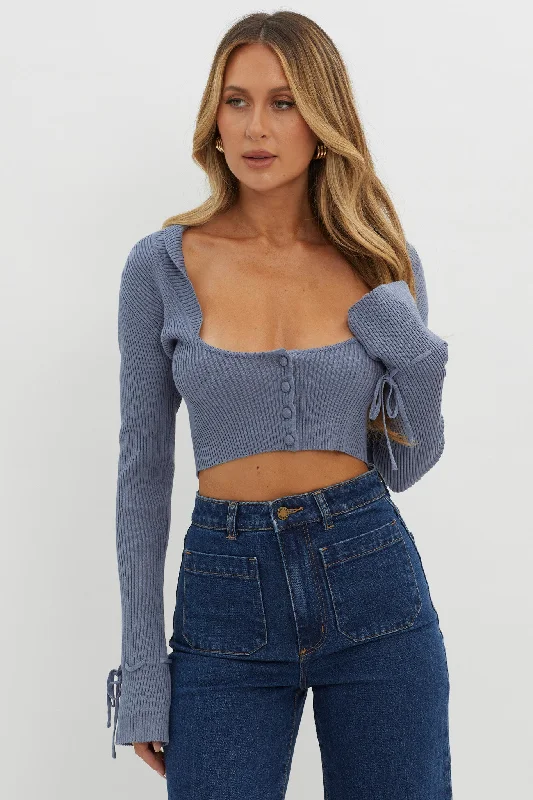 Pippi Flared Cuff Knit Crop Top Dusty Blue