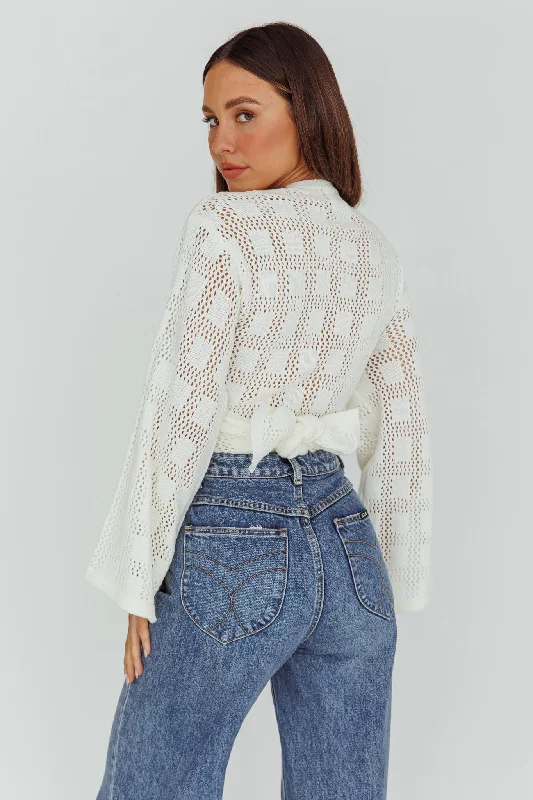 Rivera Deep-V Waist-Tie Top Crochet White