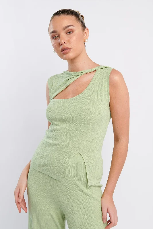 Rossana Twist Neck Sleeveless Keyhole Top Sage