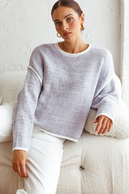 Sitting Pretty Drop Sleeve White Trim Knit Sweater Blue