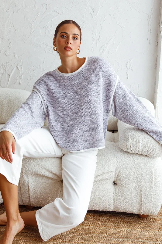 Sitting Pretty Drop Sleeve White Trim Knit Sweater Blue