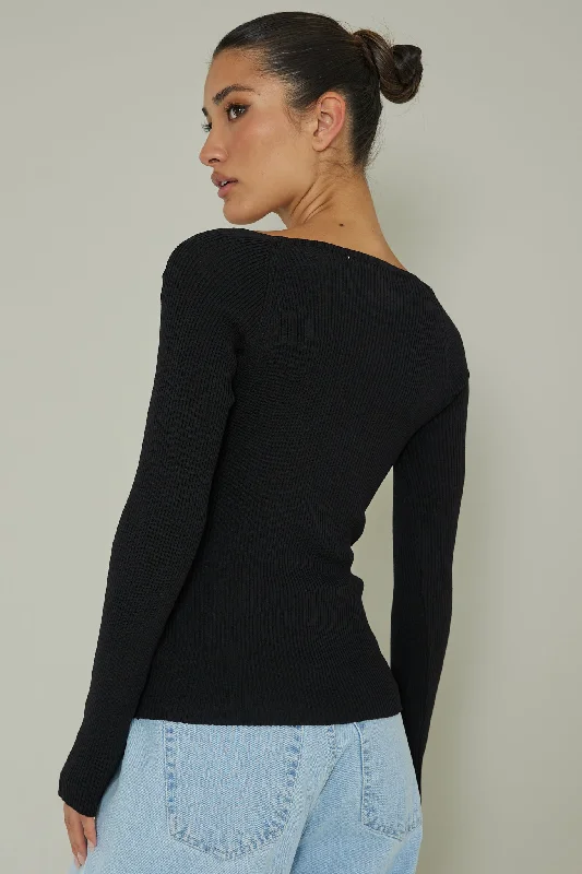 Switch Focus Long Sleeve Knit Top Black