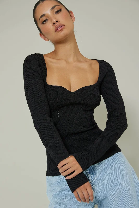 Switch Focus Long Sleeve Knit Top Black