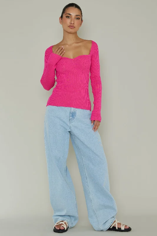 Switch Focus Long Sleeve Knit Top Hot Pink