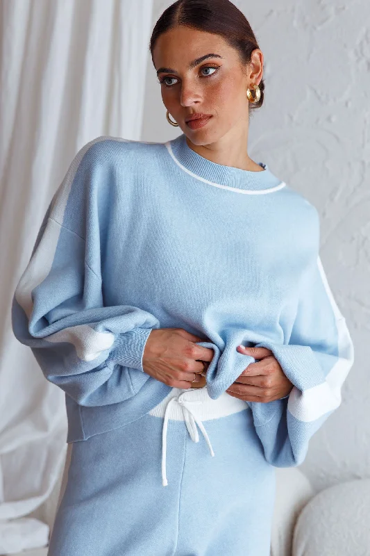 Take Me Back Balloon Sleeve Drop Shoulder Brushed Knit Sweater Blue