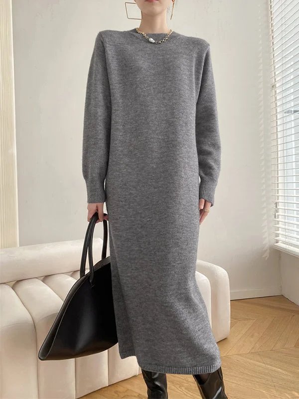 Urban Loose Long Sleeves Modern Solid Color Round-Neck Sweater Dresses