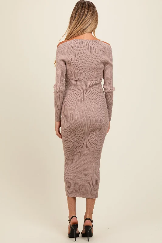 Taupe Knit Shrug Fitted Maternity Midi Dress