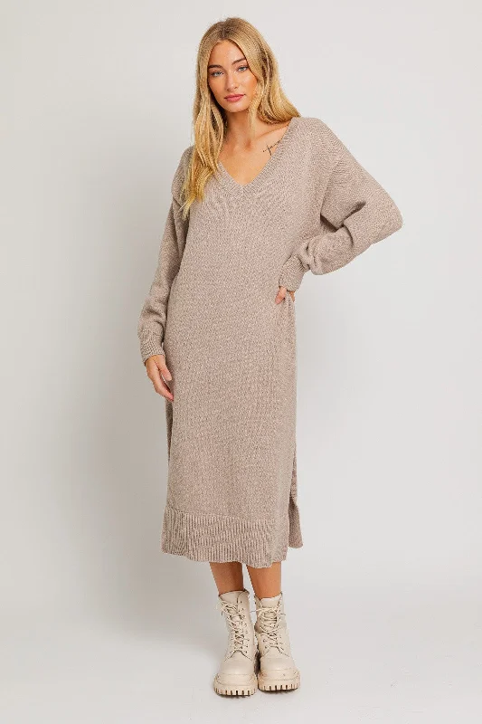 Taupe V-Neck Side Slit Midi Sweater Dress