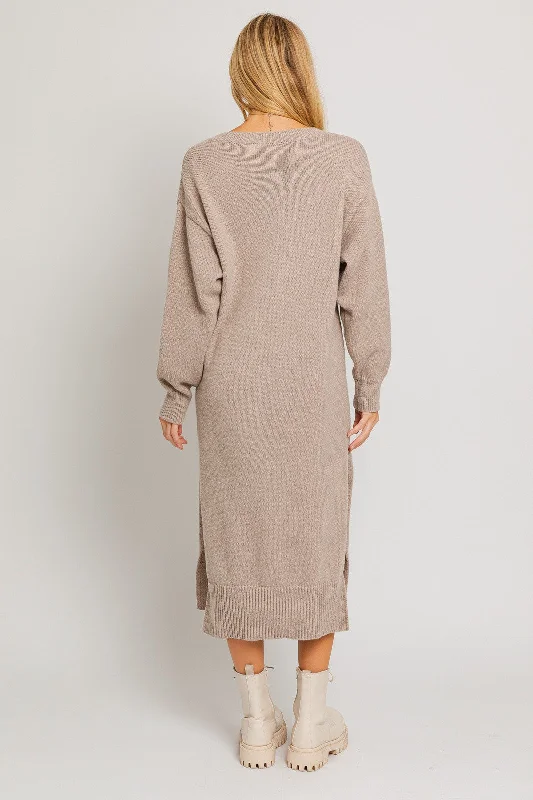 Taupe V-Neck Side Slit Midi Sweater Dress