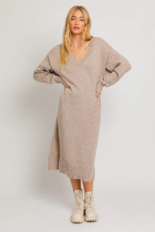 Taupe V-Neck Side Slit Midi Sweater Dress