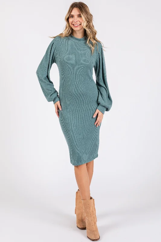 Teal Ribbed Long Sleeve Mock Neck Dress