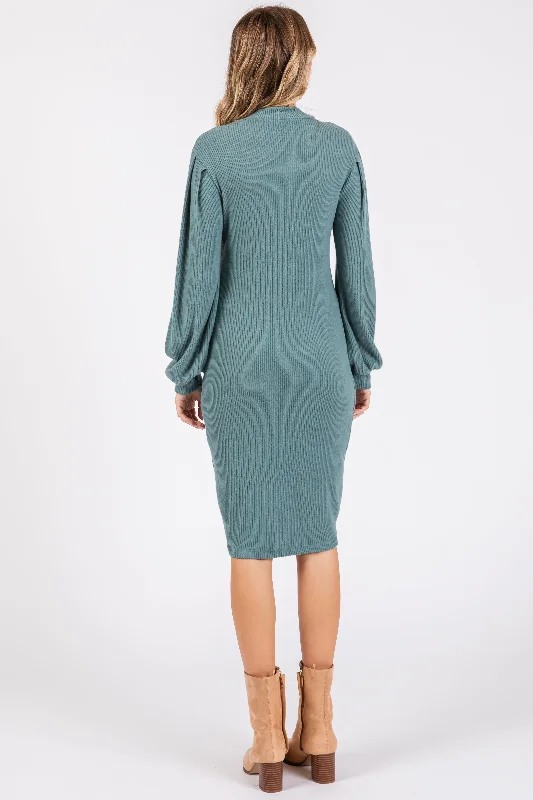 Teal Ribbed Long Sleeve Mock Neck Dress