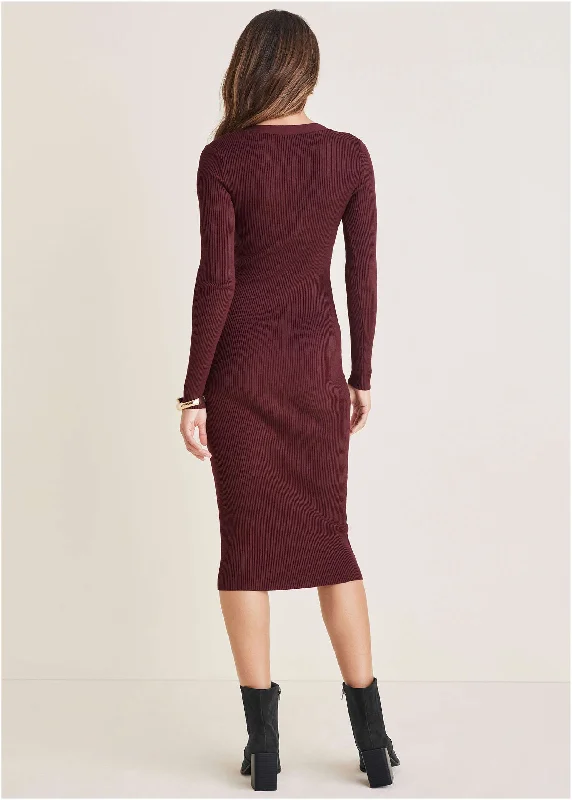 Cutout Midi Sweater Dress - Wine