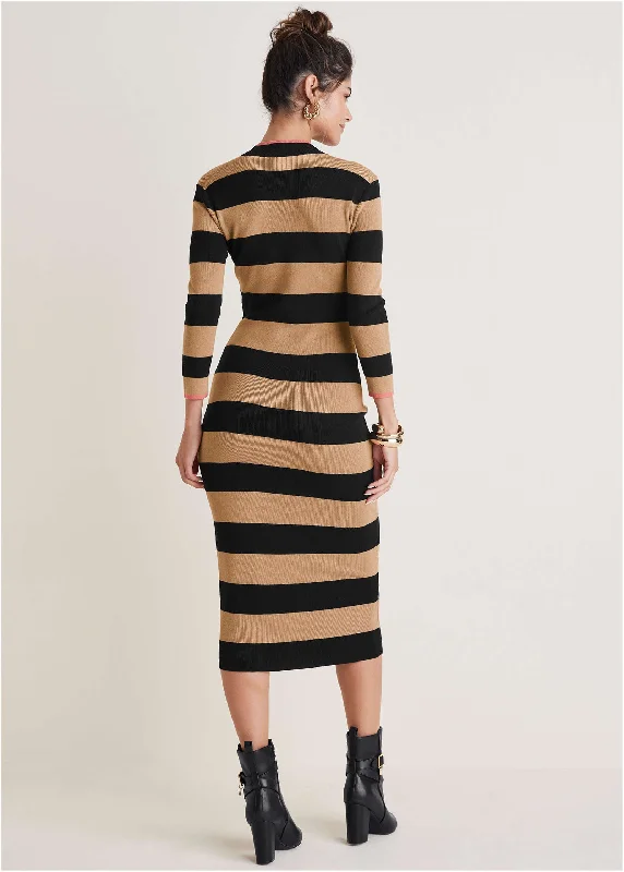 Stripe Midi Sweater Dress - Black & Tan