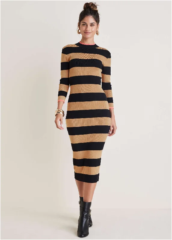 Stripe Midi Sweater Dress - Black & Tan