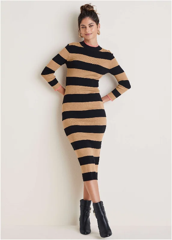 Stripe Midi Sweater Dress - Black & Tan