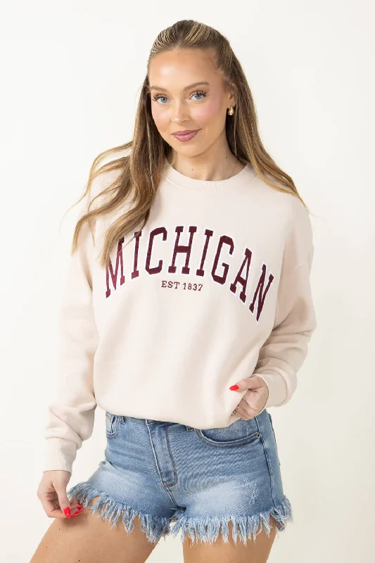 1897 Active Michigan Embroidered Sweatshirt for Women in Cream | GT-079-CREAM