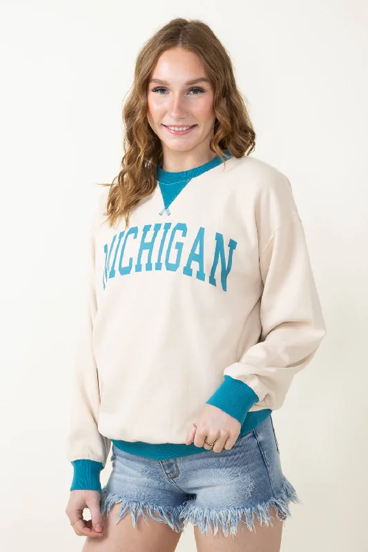 1897 Active Michigan Sweatshirt for Women in Cream/Blue | GGT086-CREAM