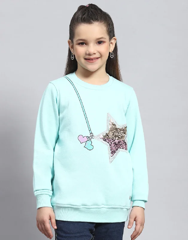 Girls Aqua Blue Embellished Round Neck Full Sleeve Sweatshirt