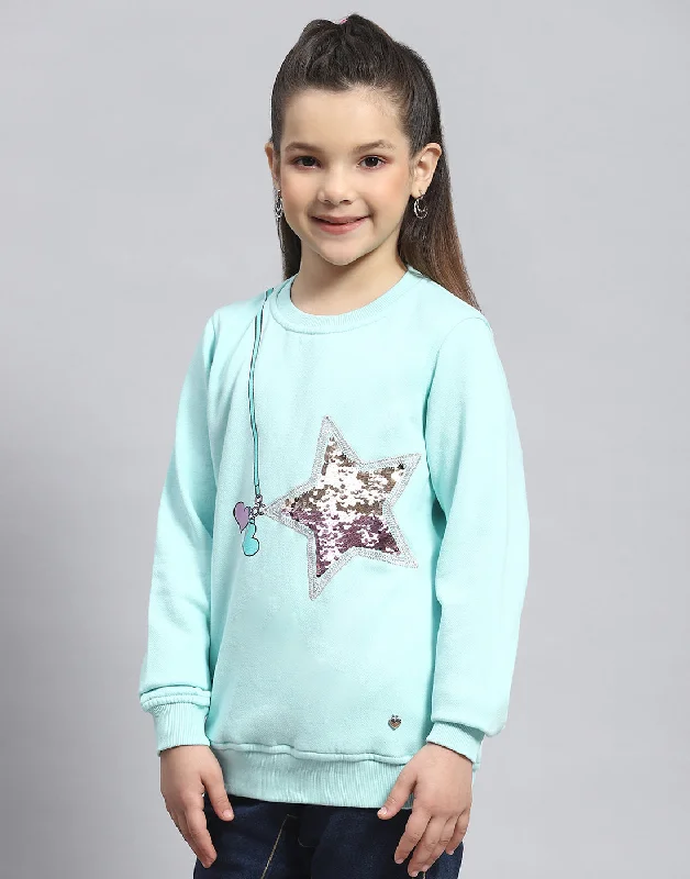 Girls Aqua Blue Embellished Round Neck Full Sleeve Sweatshirt