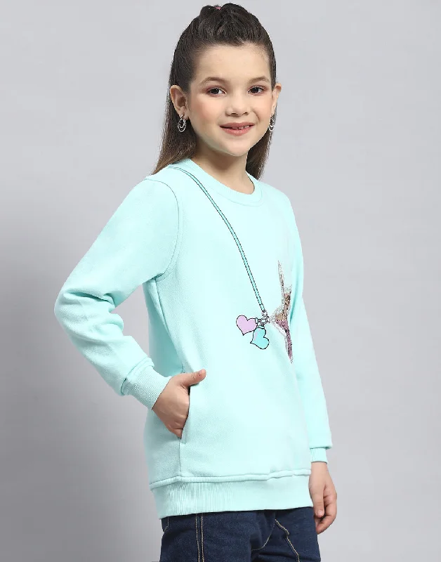 Girls Aqua Blue Embellished Round Neck Full Sleeve Sweatshirt