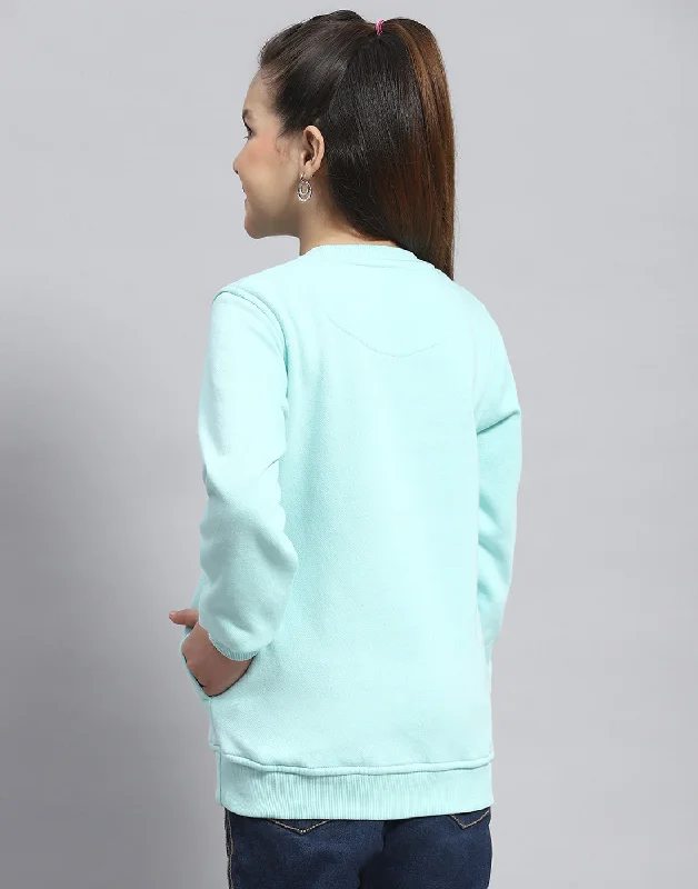 Girls Aqua Blue Embellished Round Neck Full Sleeve Sweatshirt