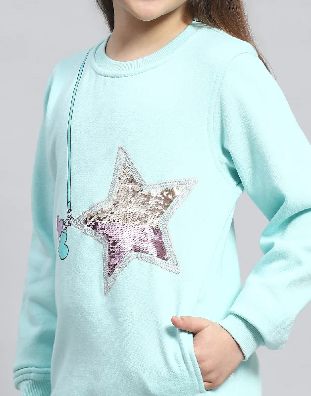 Girls Aqua Blue Embellished Round Neck Full Sleeve Sweatshirt