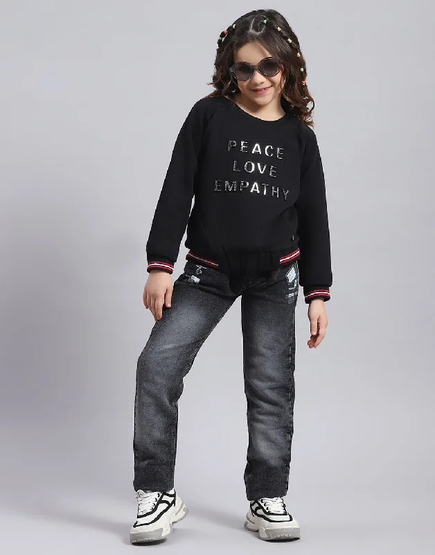 Girls Black Printed Round Neck Full Sleeve Sweatshirt