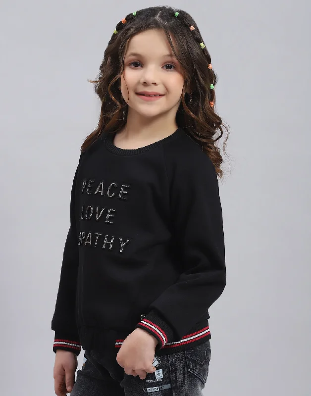 Girls Black Printed Round Neck Full Sleeve Sweatshirt